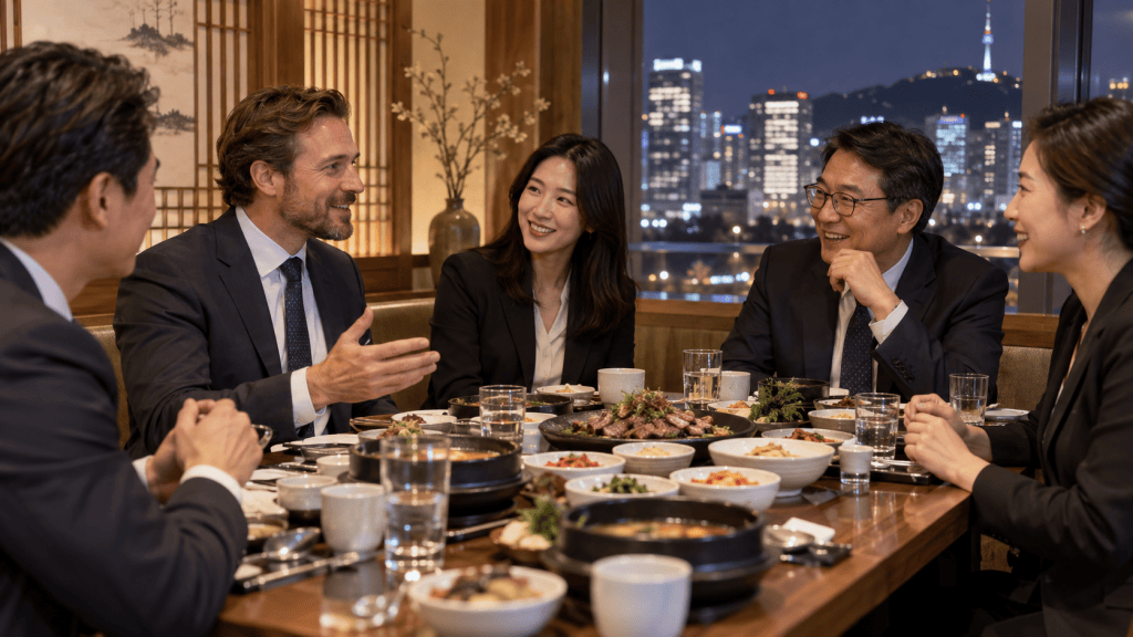 A group of five professionals engaged in conversation over a dinner table filled with various dishes, in a restaurant with a city view at night.