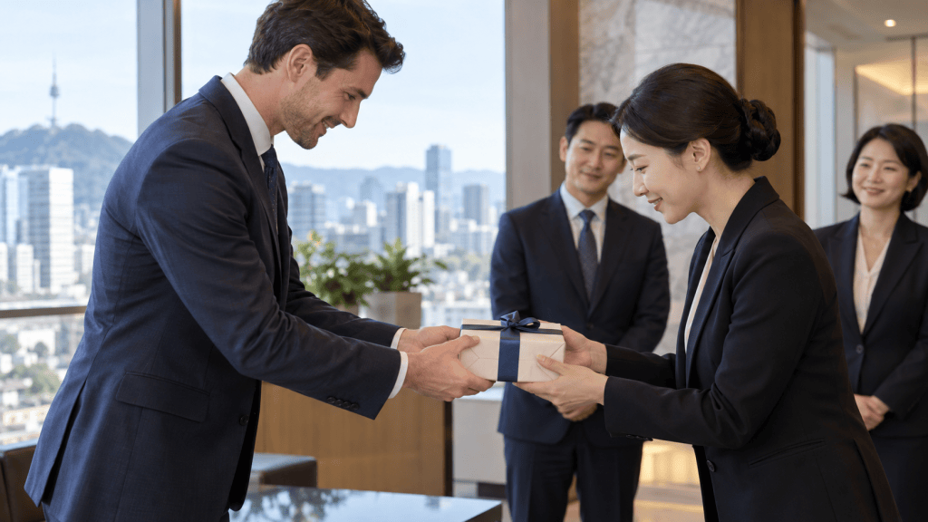 A man in a suit hands a gift box to a woman in a suit, both smiling, while two other colleagues watch in a modern office with a city skyline in the background.