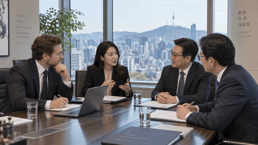 A group of four professionals engaged in a business meeting around a conference table, featuring a laptop and documents, with a cityscape view through large windows.