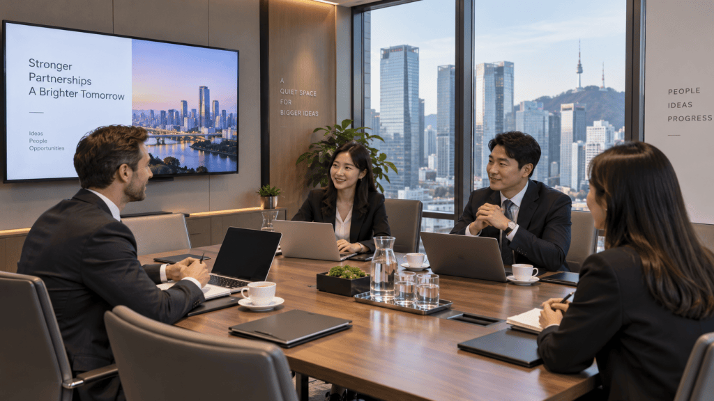 A business meeting in a modern conference room with a large window view of a city skyline. Four professionals engaged in discussion, with a presentation slide displaying 'Stronger Partnerships A Brighter Tomorrow.'