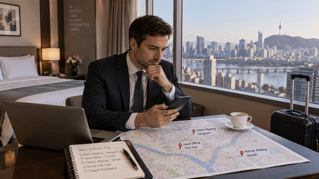 A businessman in a suit sitting at a desk in a hotel room, looking at his smartphone while reviewing a map of Seoul with marked meeting locations.