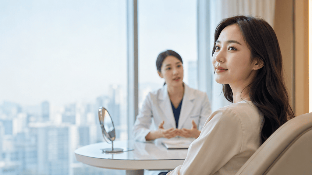 A woman sitting in a consultation room, looking back at a healthcare professional who is speaking, with a city skyline visible through the window.