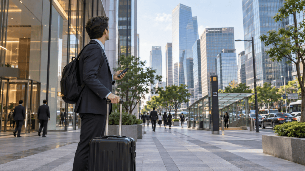 A business traveler standing on a city street, holding a smartphone and a suitcase, with modern skyscrapers in the background and other pedestrians around.