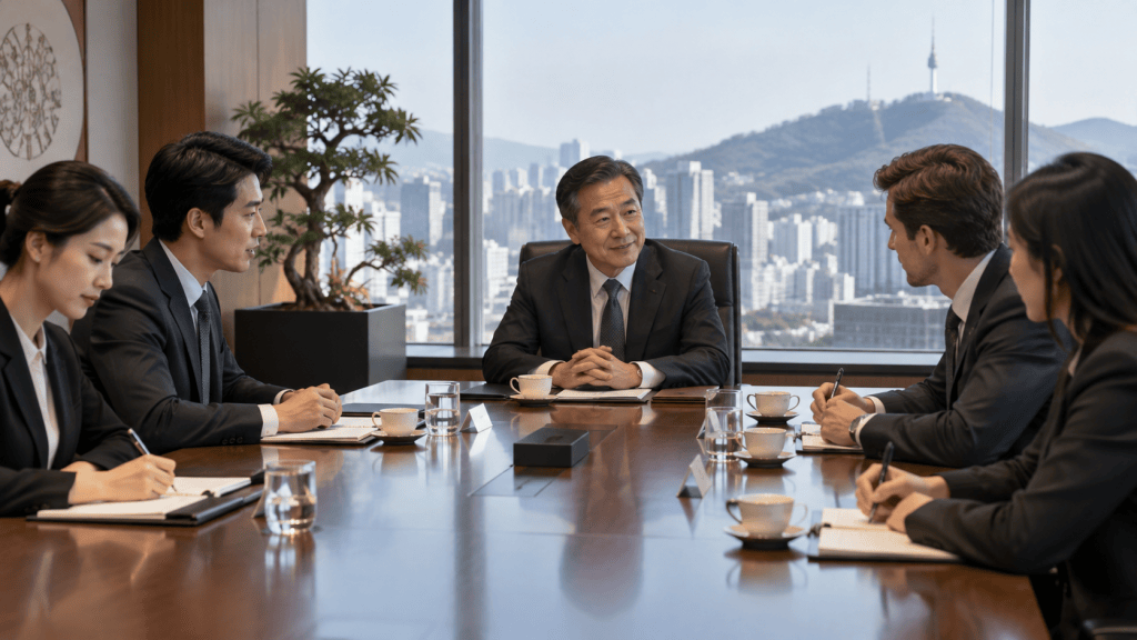 A business meeting in a modern conference room, featuring five professionals seated around a table. In the center, a man in a suit is speaking, while the others listen attentively, with notes and coffee cups visible on the table. A cityscape is visible through the large window in the background.