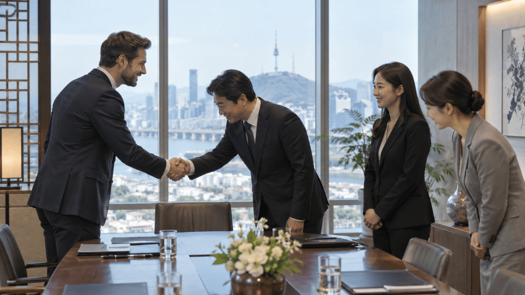 Two businessmen shaking hands in a modern office, with a city skyline visible through the windows. Two women standing nearby, watching the interaction.