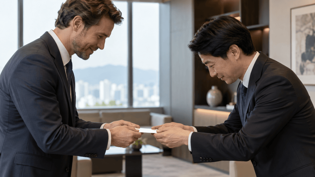 Two businessmen in suits exchanging business cards in a modern office setting, with a city skyline visible through the window.