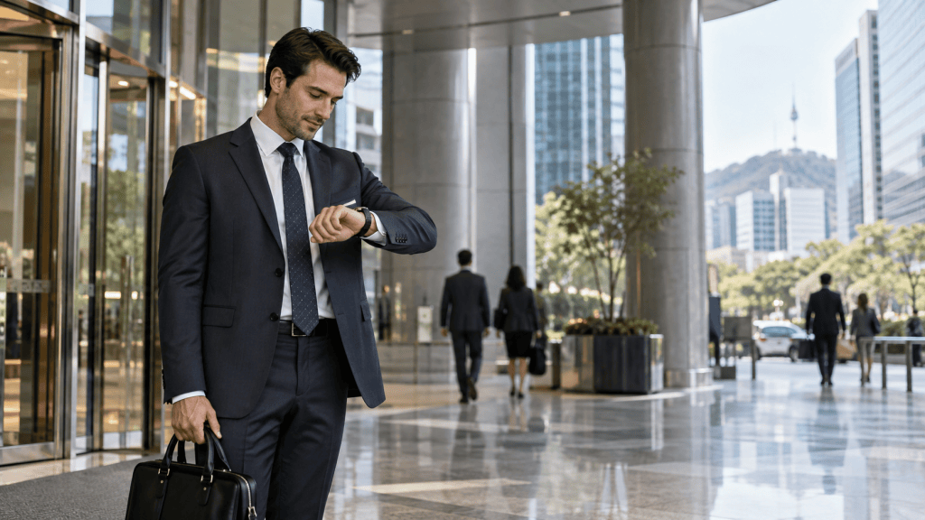 A businessman in a suit checks his watch while standing in a modern office building entrance. Other professionals in suits walk in the background, with city skyscrapers and a mountain visible through large glass windows.
