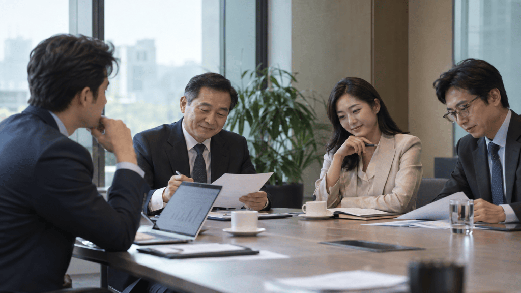 A group of four business professionals sitting at a conference table, engaged in discussion and reviewing documents, with a laptop and coffee cups in front of them.