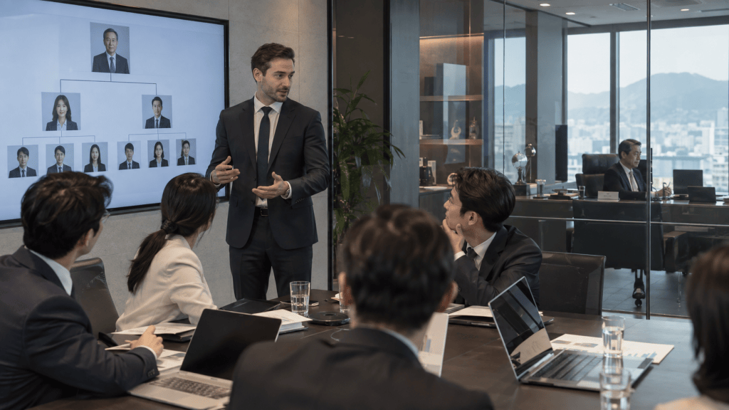 A business presentation in a modern conference room, featuring a professional man gesturing as he explains a hierarchical chart displayed on a large screen. Several colleagues in formal attire are seated around a table, engaged in the discussion, while another person is visible in an office behind glass.