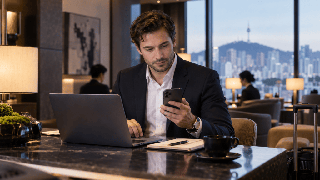 A businessman sitting at a marble table in a modern lounge, focused on his smartphone while working on a laptop. A coffee cup and a notebook are also on the table, with a city skyline visible through the window in the background.