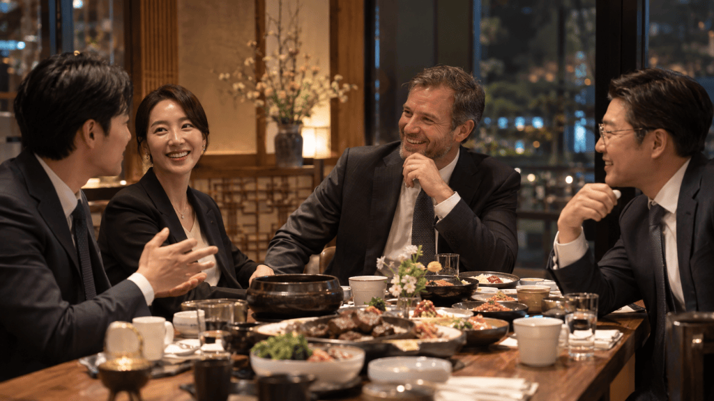 A group of four professionals enjoying a meal together at a well-decorated restaurant, smiling and engaging in conversation over a table full of diverse dishes.