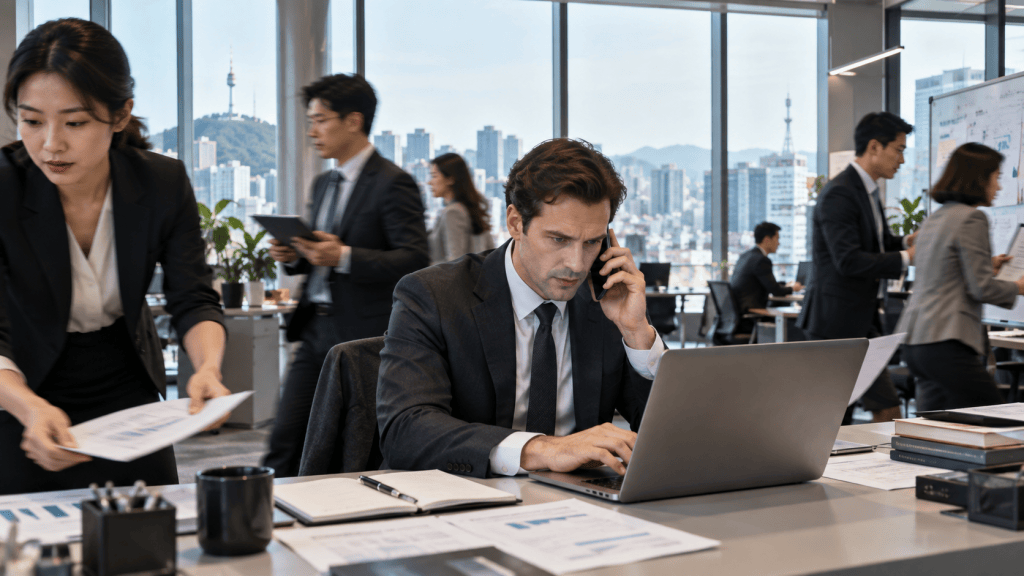 A busy office environment with a group of professionals working. A man in a suit is focused on his laptop while speaking on the phone. A woman is organizing papers nearby, and others are engaged in discussions in the background, with a cityscape visible through the large windows.
