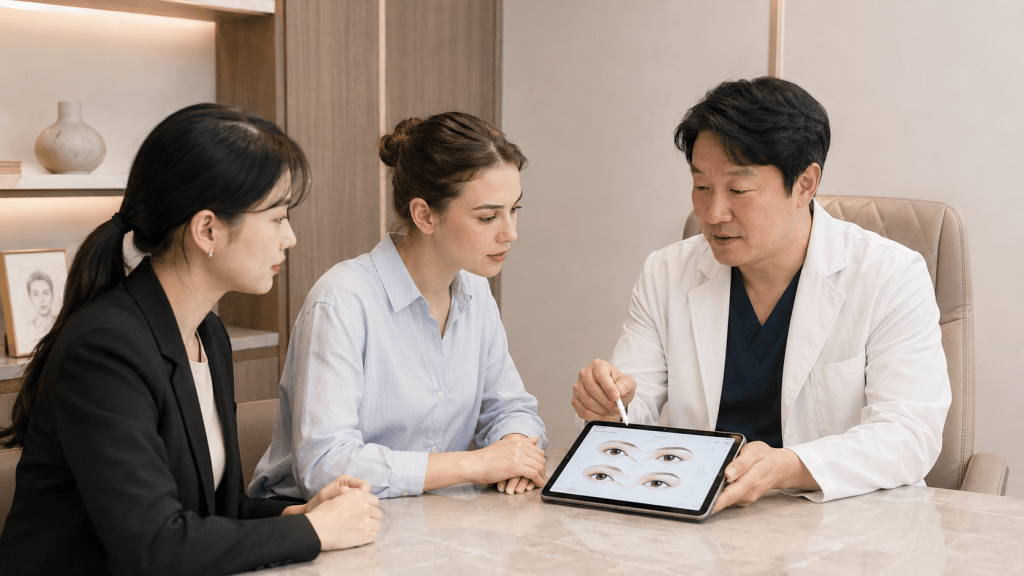 A doctor in a white coat discusses eye diagrams on a tablet with two women in a consultation setting.