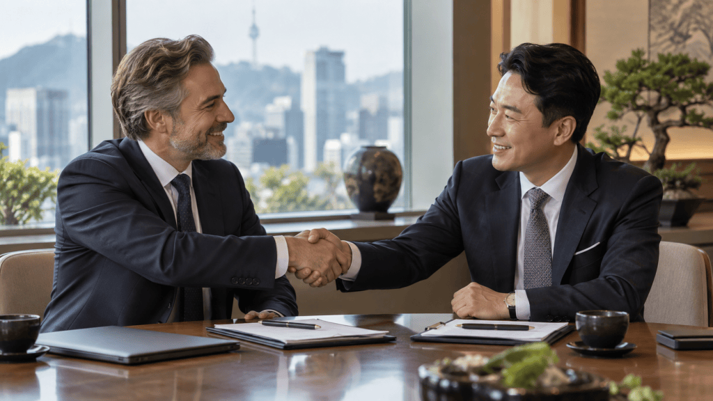 Two business professionals shake hands during a meeting in a modern office with a cityscape view.