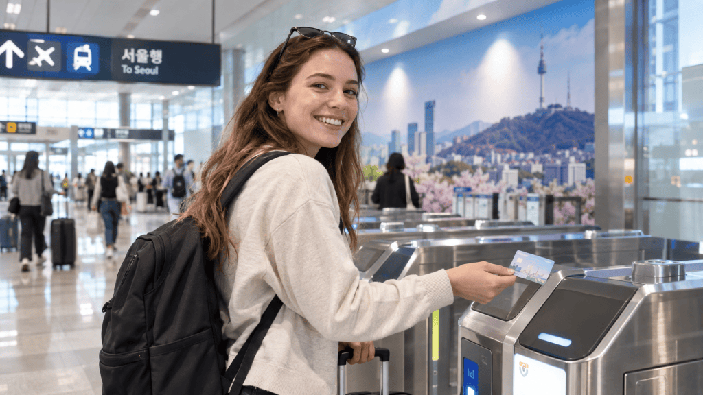 A smiling woman holding a transit card is standing at an automated ticket gate in an airport, with a busy terminal and a cityscape backdrop featuring mountains in the background.