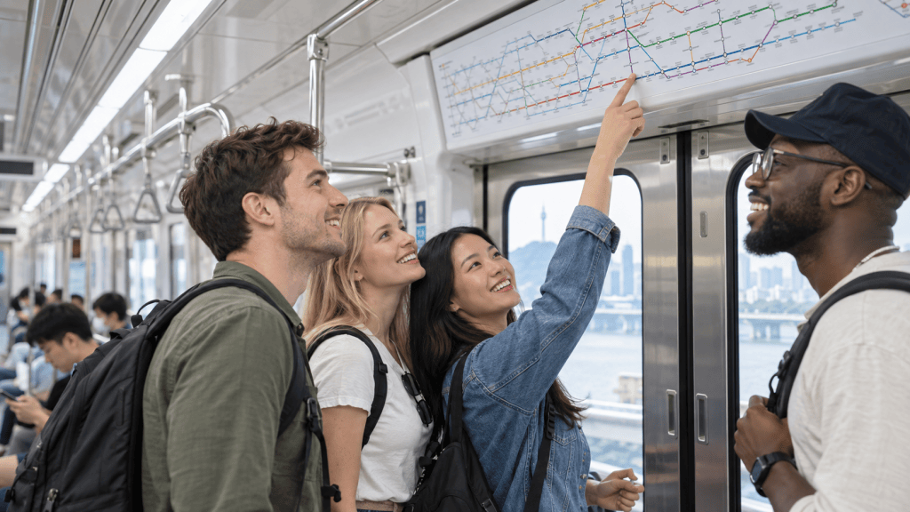 Group of four friends in a subway train, looking at a transit map on the wall and smiling.