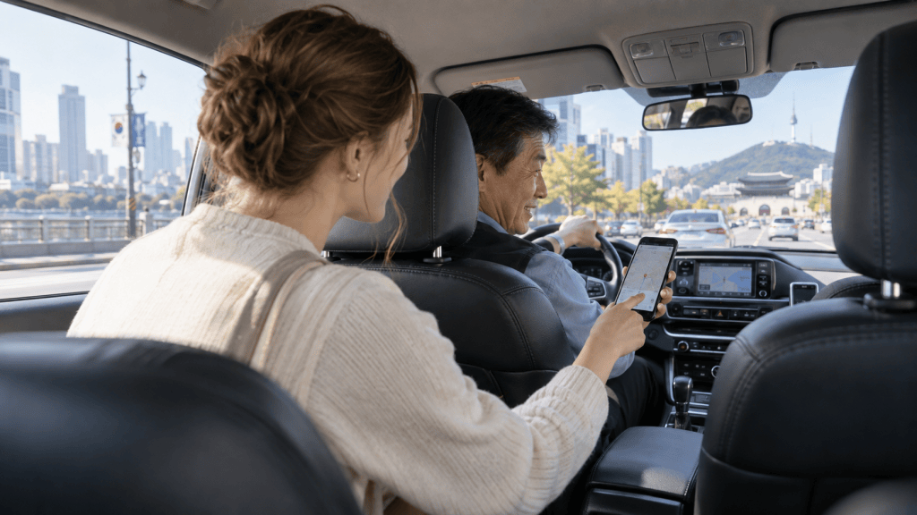 A woman in a white sweater interacts with a smartphone while sitting in the backseat, watching the driver, a man, navigate the road with a city skyline in the background.