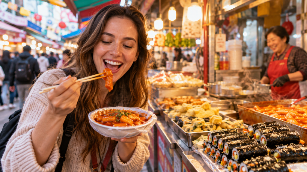 A young woman enjoying street food in a market, smiling as she holds a bowl of tteokbokki with chopsticks, surrounded by a variety of dishes including sushi rolls and tempura.