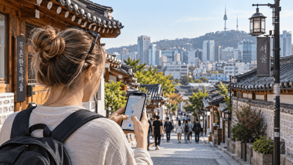 A woman with a backpack looks at her smartphone while standing on a stone path lined with traditional Korean houses, with modern buildings and Namsan Tower visible in the background.