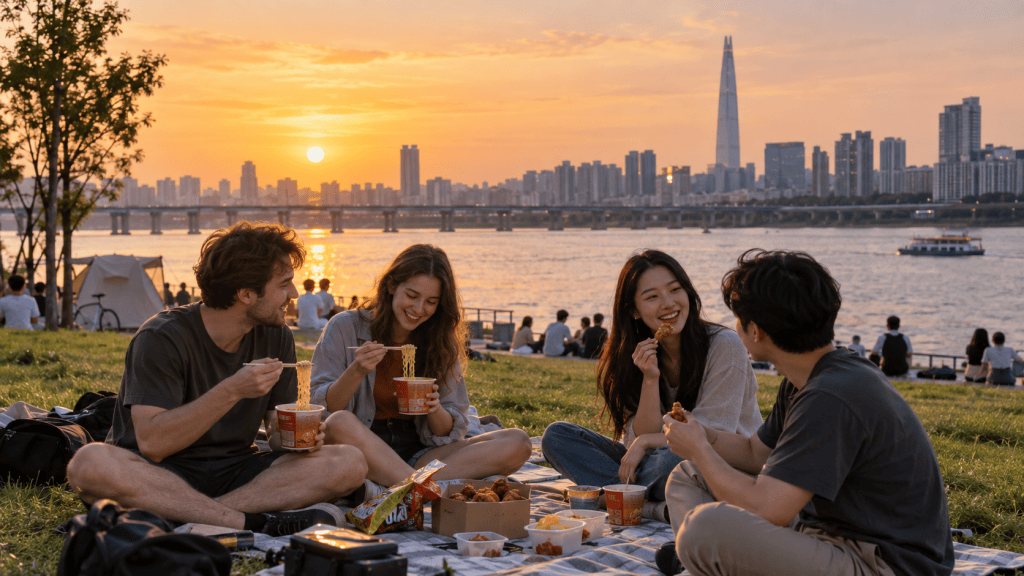 A group of four friends enjoying a picnic on the grass by a river at sunset, with a city skyline in the background.