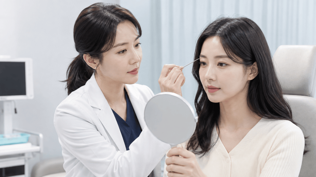 A female doctor in a white coat is examining a woman's eyebrows while she holds a mirror, in a modern clinical setting.