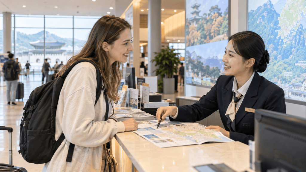 A travel concierge assisting a smiling female tourist with a map at a reception desk in a bright and modern environment.
