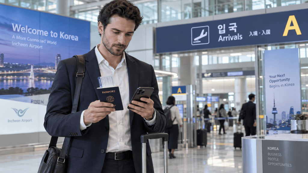 A businessman arriving at Incheon Airport in Korea, checking his phone while holding a passport and boarding pass. The airport signage indicates 'Arrivals' and 'Welcome to Korea'.