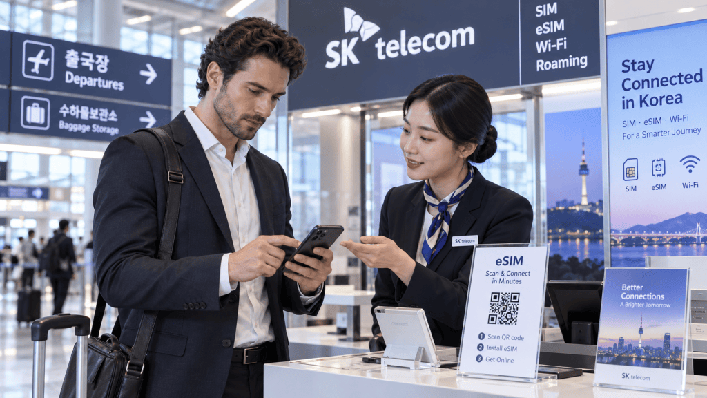 A business professional interacting with a female employee at an SK Telecom kiosk in an airport, discussing eSIM and Wi-Fi services while checking information on a smartphone.