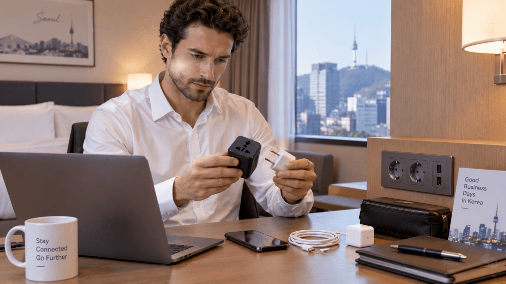 A businessman in a hotel room examining a power adapter and charger, seated at a desk with a laptop, coffee mug, and stationery. The view outside shows a cityscape with mountains and a tower.
