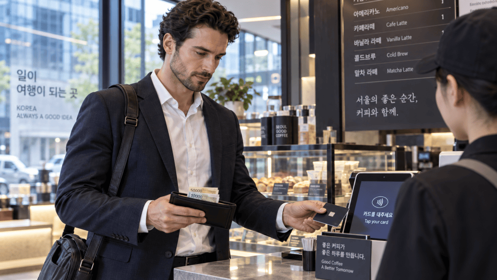 A man in a suit making a payment at a coffee shop, holding a wallet and credit card while interacting with a barista.