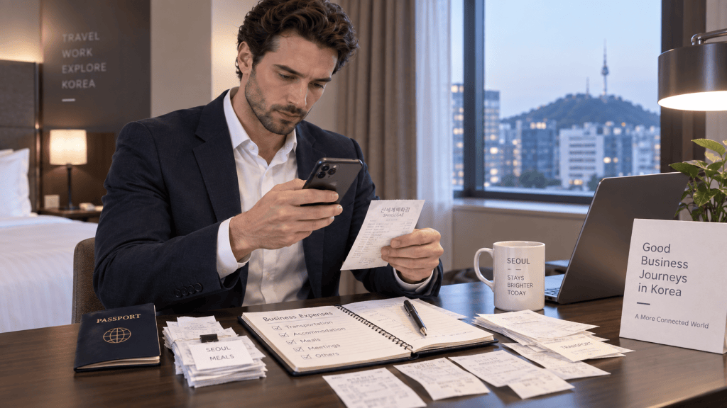 A businessman in a dark suit sitting at a desk in a hotel room, looking at his smartphone. The desk is cluttered with receipts and notes, a passport, and a mug that says 'Seoul - Stays Brighter Today.' In the background, there is a view of the city with mountains and a tower visible through the window.