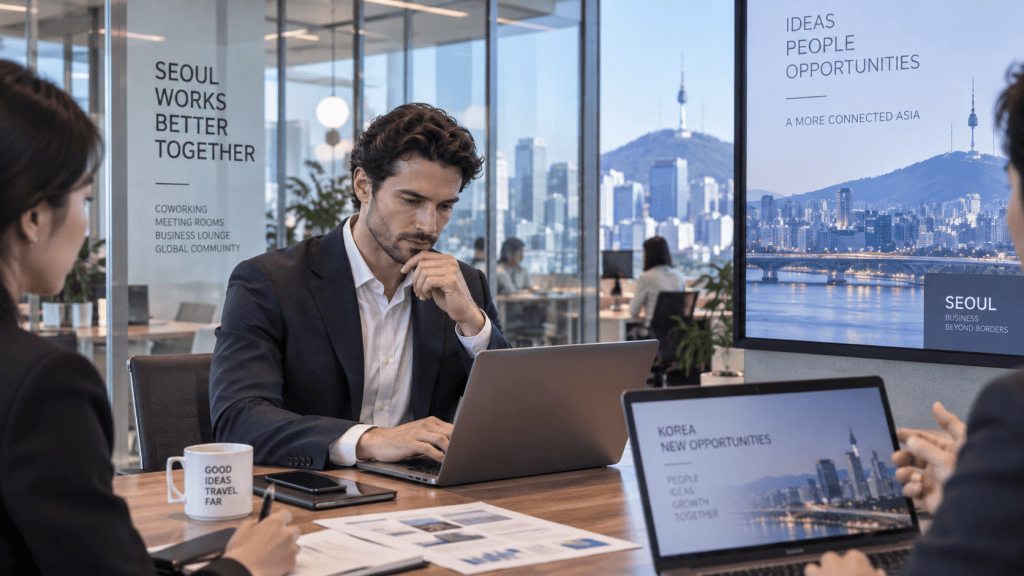 A business meeting in a modern office setting, featuring a man working on a laptop while focused, with colleagues discussing in the background. A large screen displays information about Seoul, promoting ideas and opportunities in Asia.