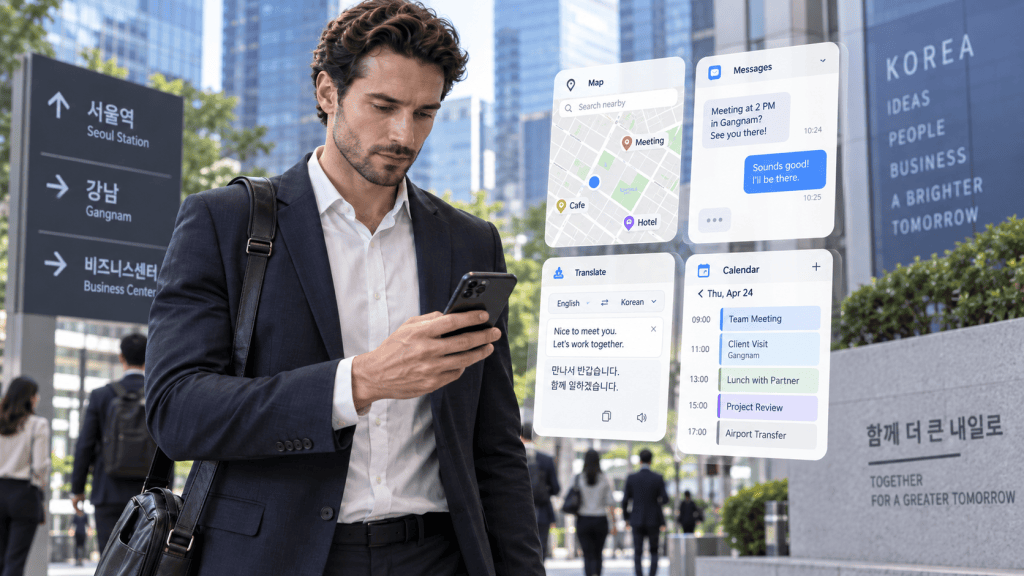 A businessman in formal attire stands outside a modern building, looking at his smartphone. In the background, a sign indicates directions to Seoul Station, Gangnam, and a Business Center. Various app interfaces, such as map, messages, translation, and calendar, are overlaid on the image.