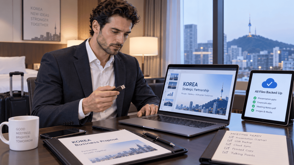 A professional man working on a business proposal about Korea, sitting at a modern desk with a laptop, tablet, and documents, in a well-lit hotel room with a cityscape view.