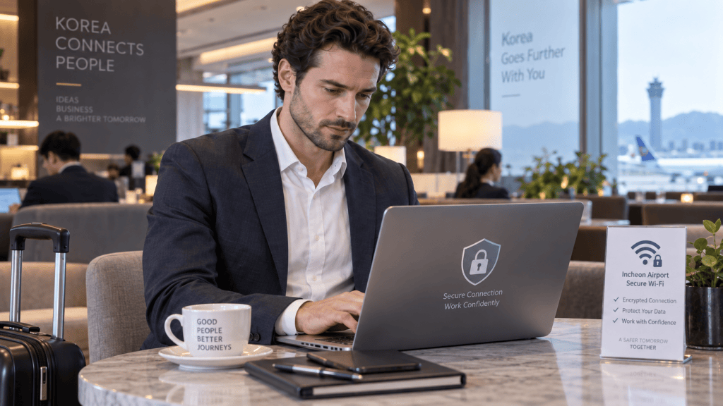 A business professional working on a laptop at an airport lounge, with a coffee cup labeled 'Good People Better Journeys' and a suitcase beside him. A sign indicates secure Wi-Fi services available.