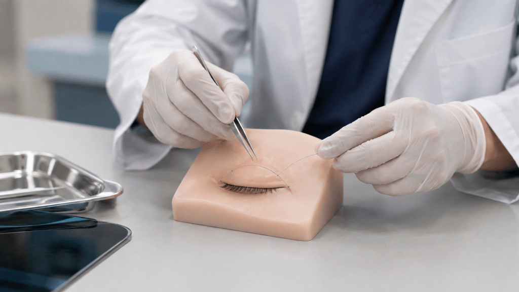 A close-up of a person in a lab coat using tweezers to manipulate a thread on a lifelike eye model during a surgical training session.