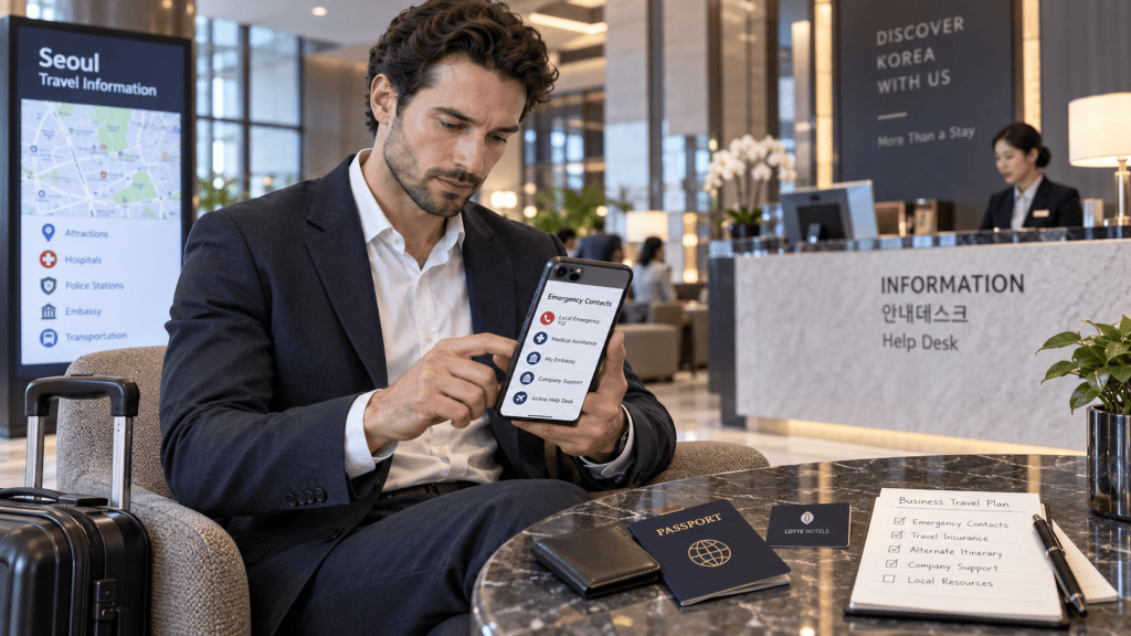 A man in a suit sitting in a hotel lobby, using a smartphone to access travel information. A suitcase and a passport are on the table, along with a business travel plan document. In the background, there is a travel information display and a hotel reception desk.