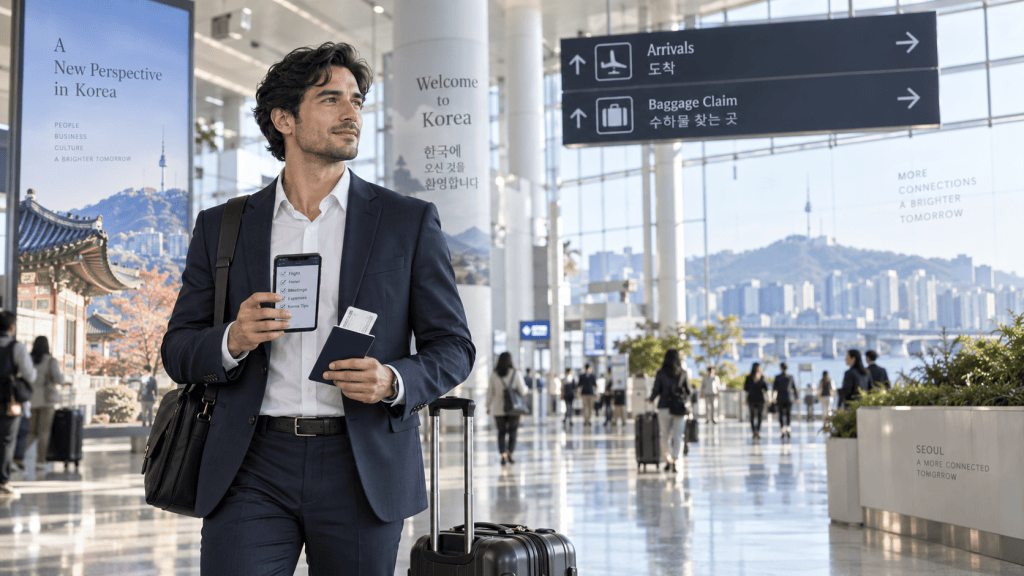 A businessman in a suit holding a smartphone and passport in an airport with signs for arrivals and baggage claim in the background.