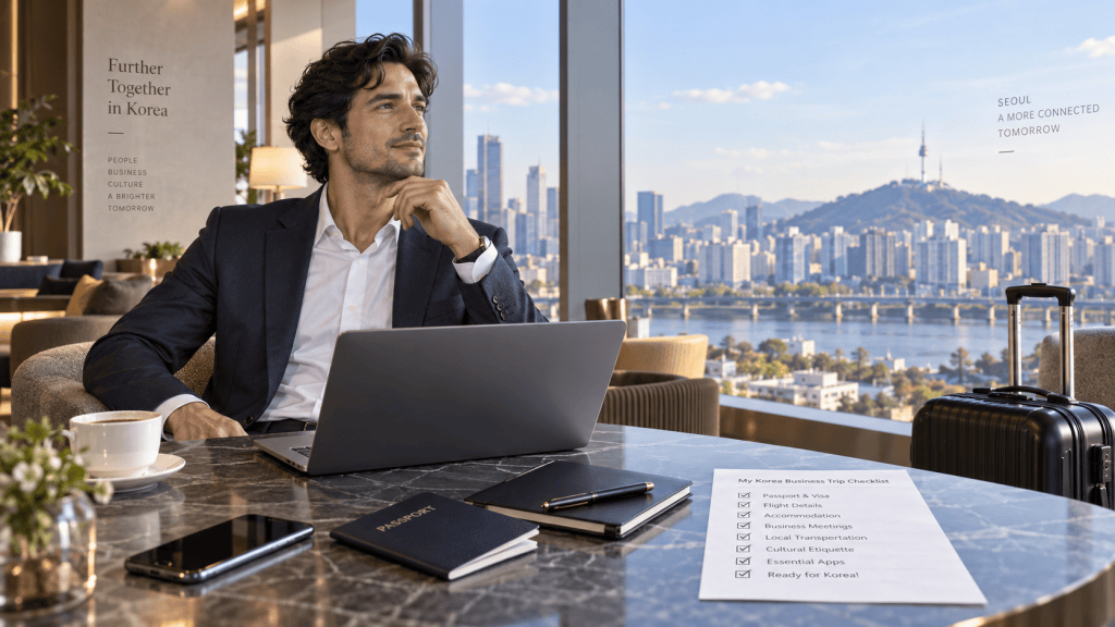 A man in a suit sitting at a table with a laptop, coffee cup, and travel items, with a view of a city skyline through a window, featuring a checklist for a business trip to Korea.