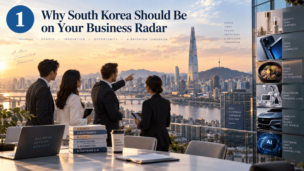 A group of professionals stands in front of a large window overlooking a cityscape, with a prominent skyscraper visible. They are engaged in a discussion about business opportunities in South Korea, as indicated by the title text and various icons showcasing sectors like beauty, healthcare, and technology.