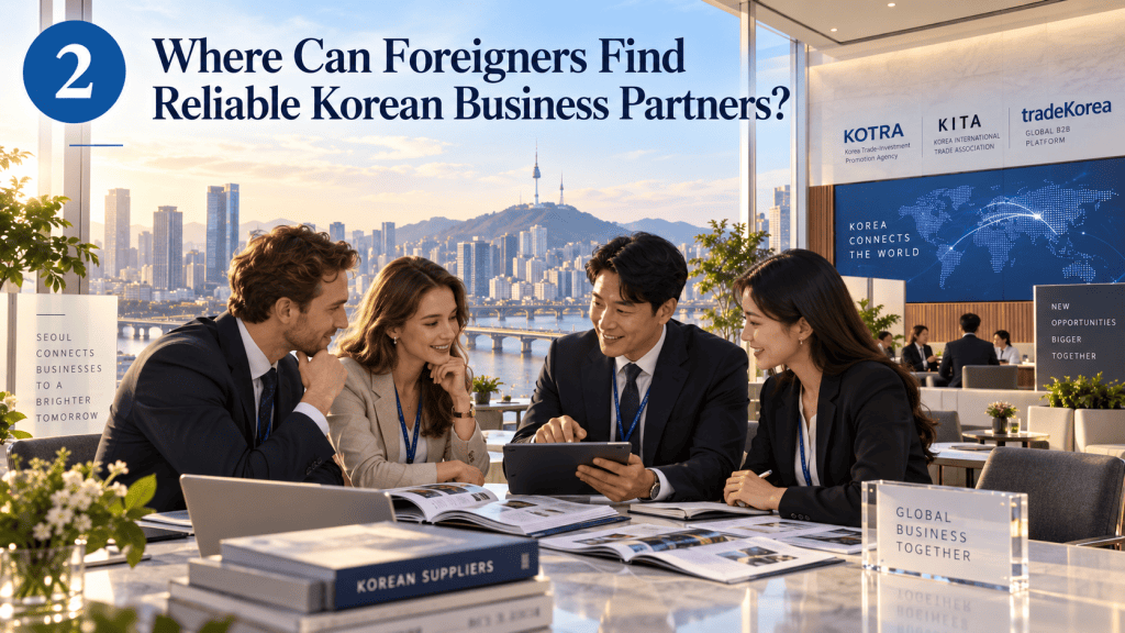 A diverse group of four professionals engaged in a business discussion in an office setting with a view of a city skyline, including a landmark tower. They are seated at a table with documents and digital devices, emphasizing collaboration in finding Korean business partners.