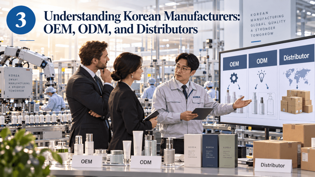 A business presentation on understanding Korean manufacturers, focusing on OEM, ODM, and distributors. The image features a group of professionals discussing products in a modern manufacturing environment.