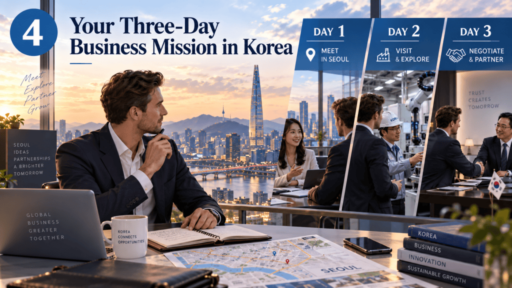 A professional man sitting at a desk with a city skyline view, planning a three-day business mission in Korea, featuring a schedule with activities for each day.