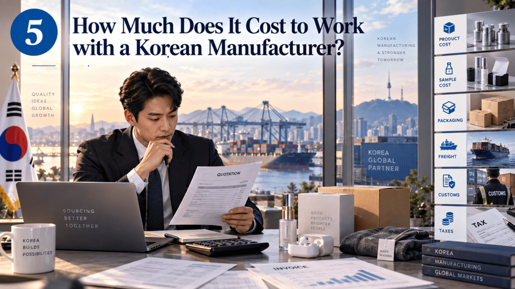 A business professional reviewing a quotation document at a desk with a laptop and paperwork, overlooking a harbor view with shipping containers and a bridge in the background. Text on the image discusses costs associated with working with a Korean manufacturer.