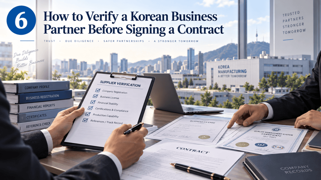 An office scene featuring two hands reviewing documents, including a contract and business certifications, with a cityscape view in the background. The title reads 'How to Verify a Korean Business Partner Before Signing a Contract.'