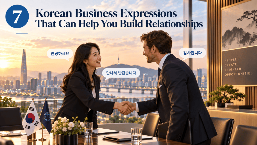 A business meeting scene featuring a man and woman shaking hands with a city skyline in the background. The image highlights Korean business expressions in speech bubbles, with the title '7 Korean Business Expressions That Can Help You Build Relationships'.