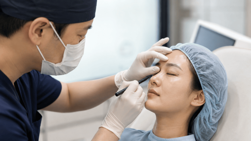 A medical professional wearing gloves and a face mask is performing a cosmetic procedure on a woman who is lying down, with a lightweight surgical cap. The setting appears to be a clinical environment.