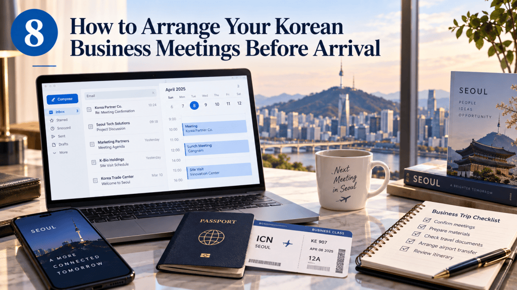 A workspace featuring a laptop displaying a digital calendar, a notebook with a business trip checklist, a smartphone with a Seoul graphic, and a coffee mug with 'Next Meeting in Seoul' text, all set against a panoramic view of the Seoul skyline.