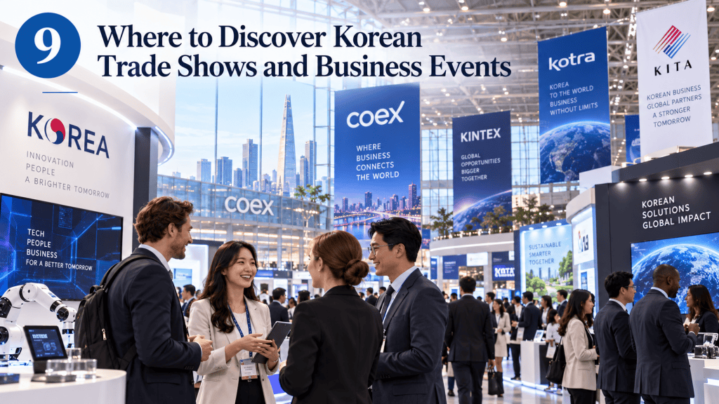 A bustling trade show scene featuring diverse attendees engaged in discussions, with various booths displaying promotional materials related to Korea and business opportunities.