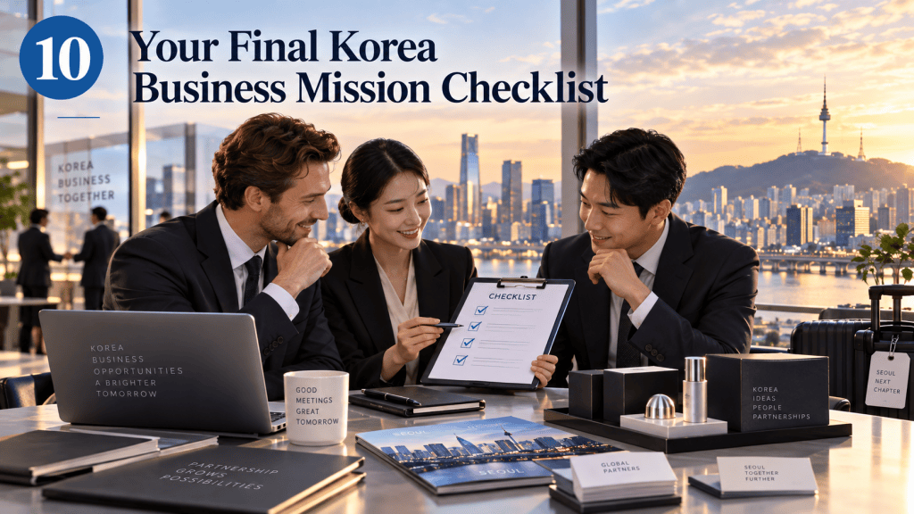 A business meeting scene with three professionals discussing a checklist, set against a city skyline featuring modern buildings and a landmark tower. The display includes various business-related materials and a view of Seoul in the background.